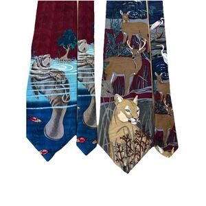 2 VTG 90s 100% Silk Ties Animal Lions Manatees Reef Florida Everglades Deer USA